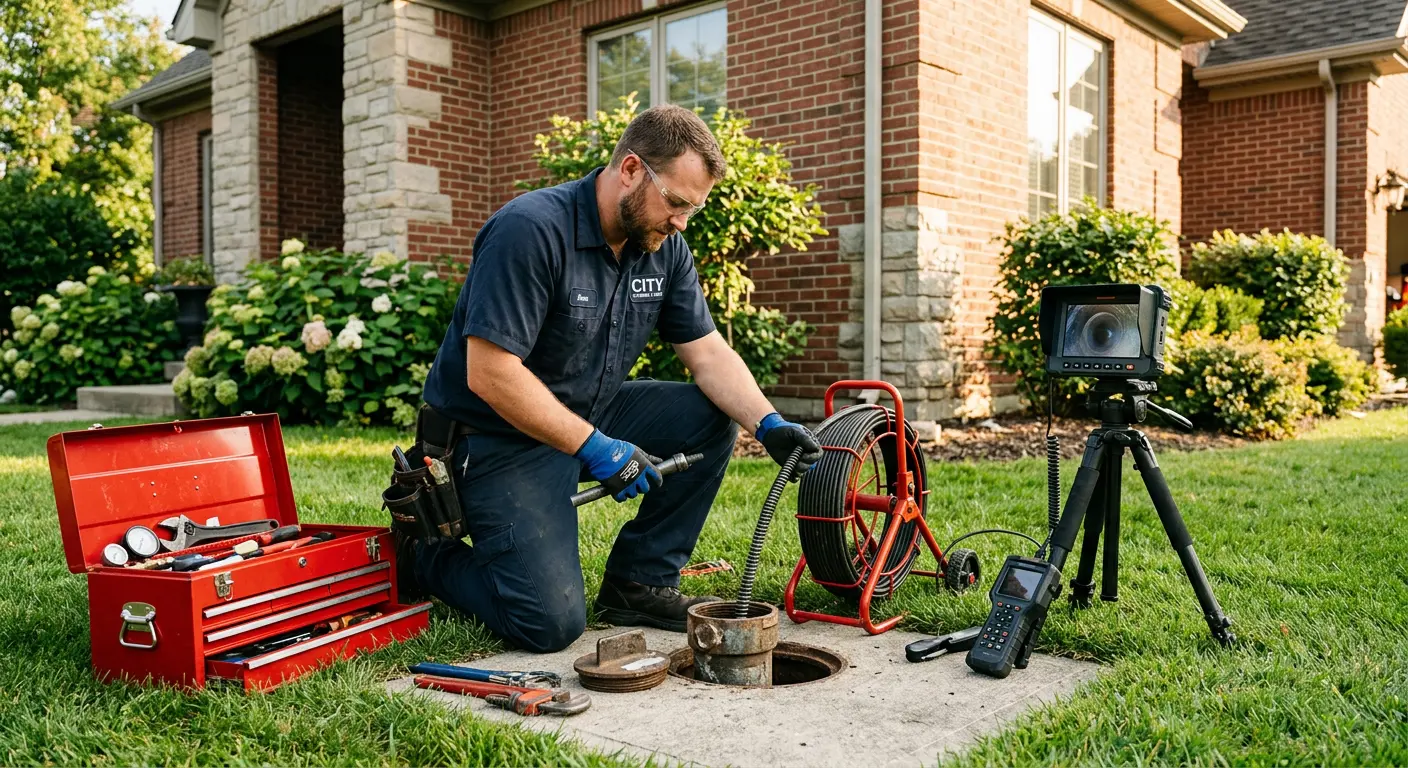 Sewer specialist with camera equipment servicing a cleanout in Lincoln