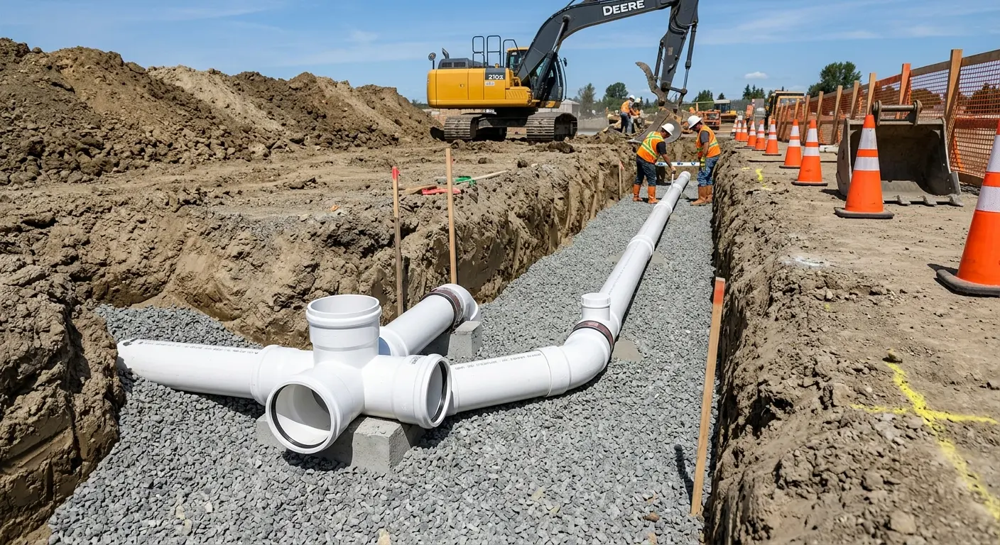 New PVC sewer pipe installation in open trench for Commercial Drain Cleaning in Lincoln