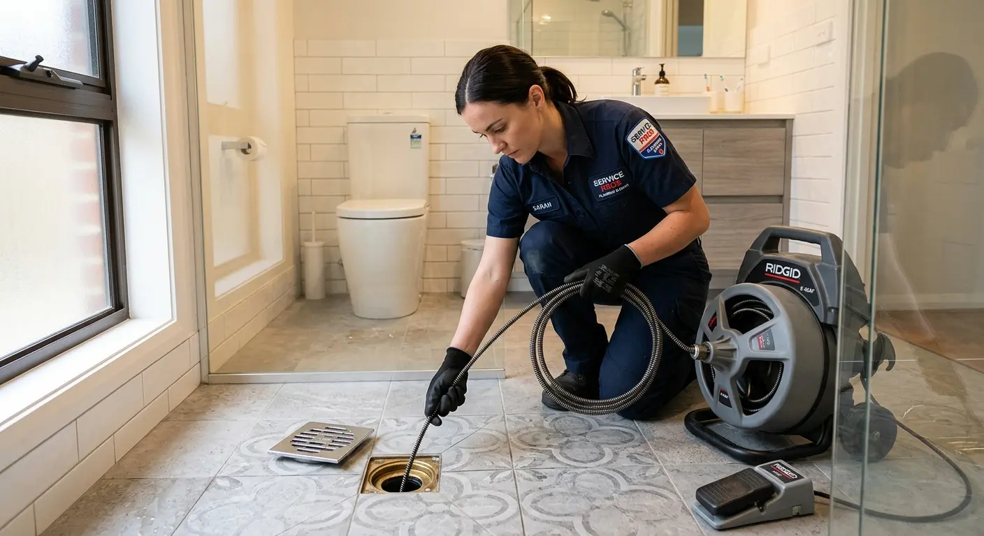 Technician clearing a bathroom floor drain for Hydro Jetting in Lincoln